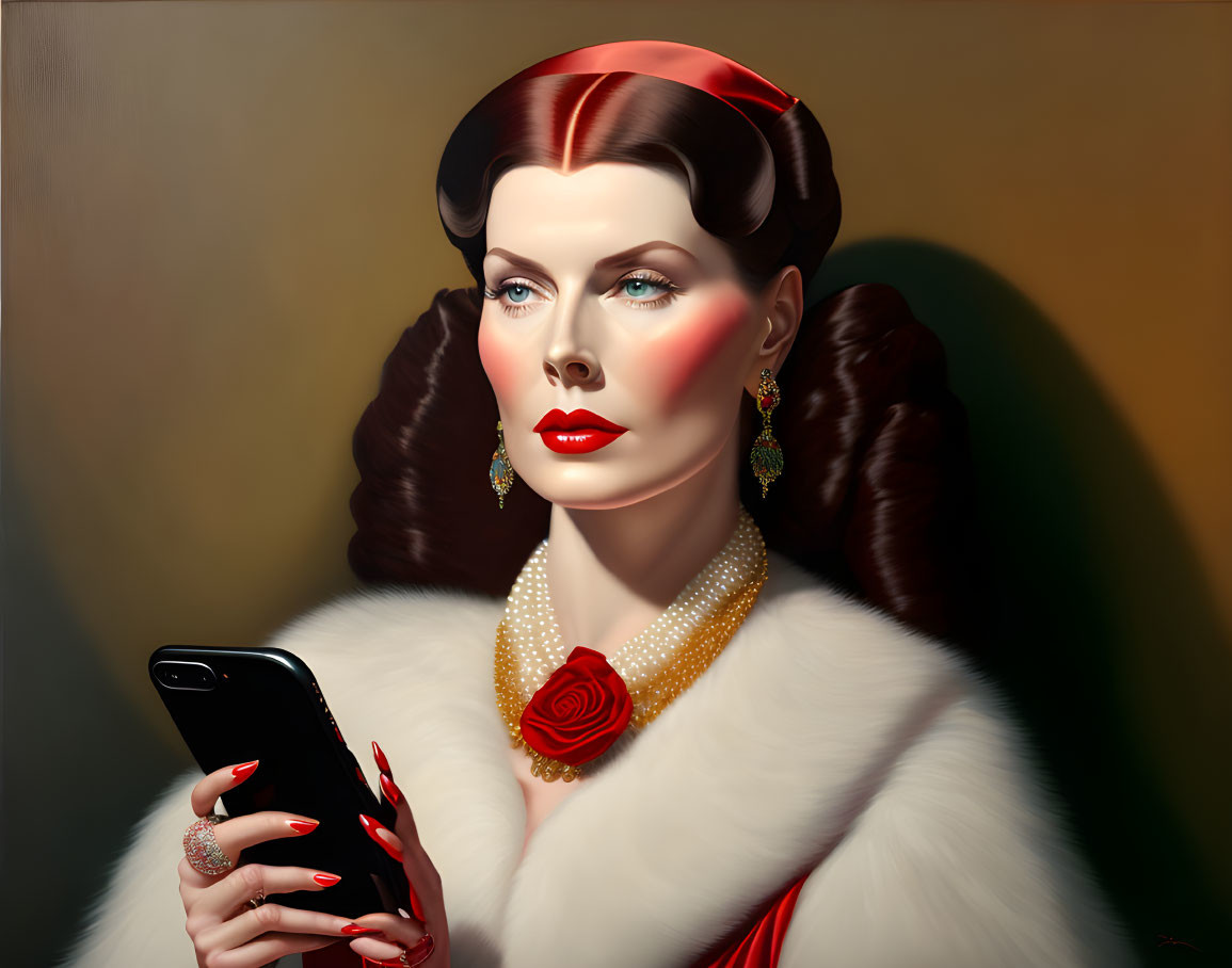 Stylized woman with retro hairstyle, pearl jewelry, fur shawl, looking at smartphone