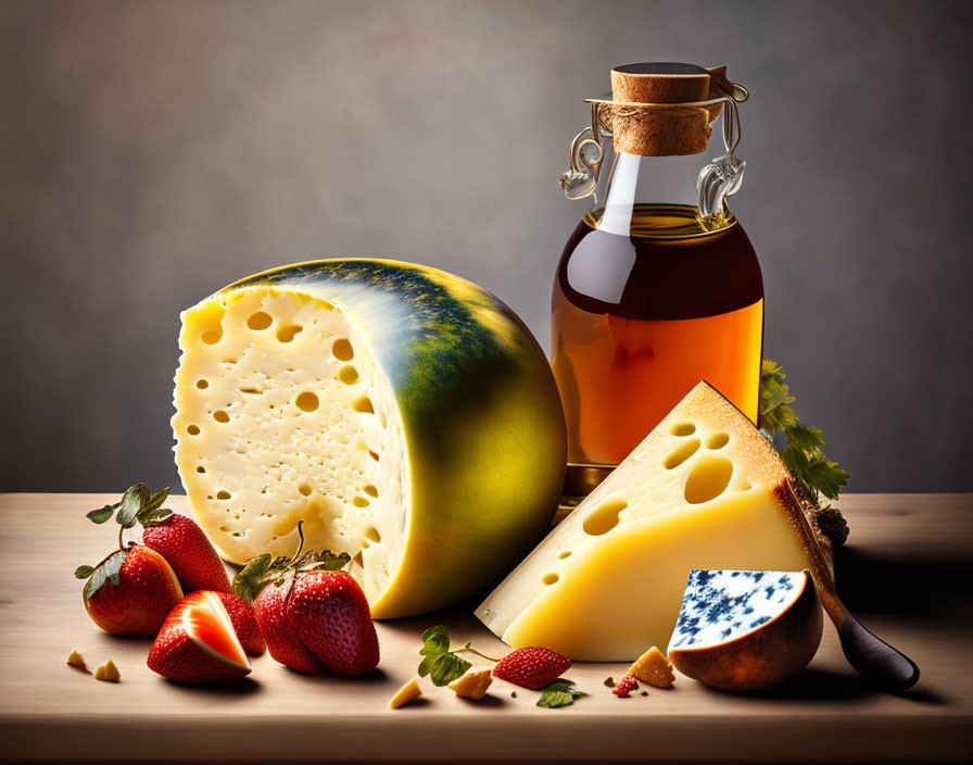 Still life with Swiss cheese, strawberries, blue cheese, and honey bottle on wooden table