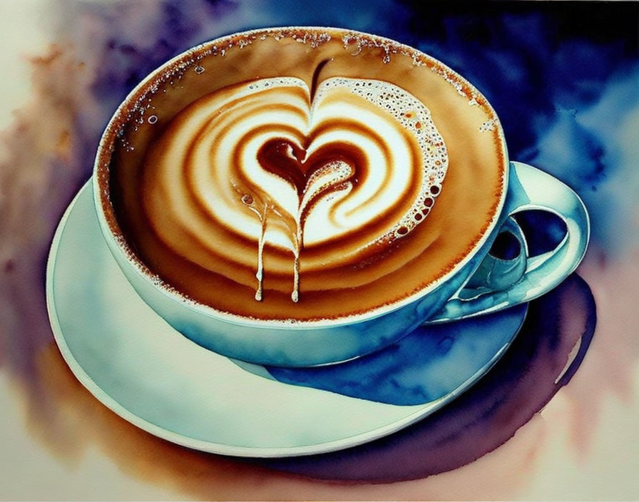 Blue Coffee Cup with Heart Latte Art on Saucer and Watercolor Background