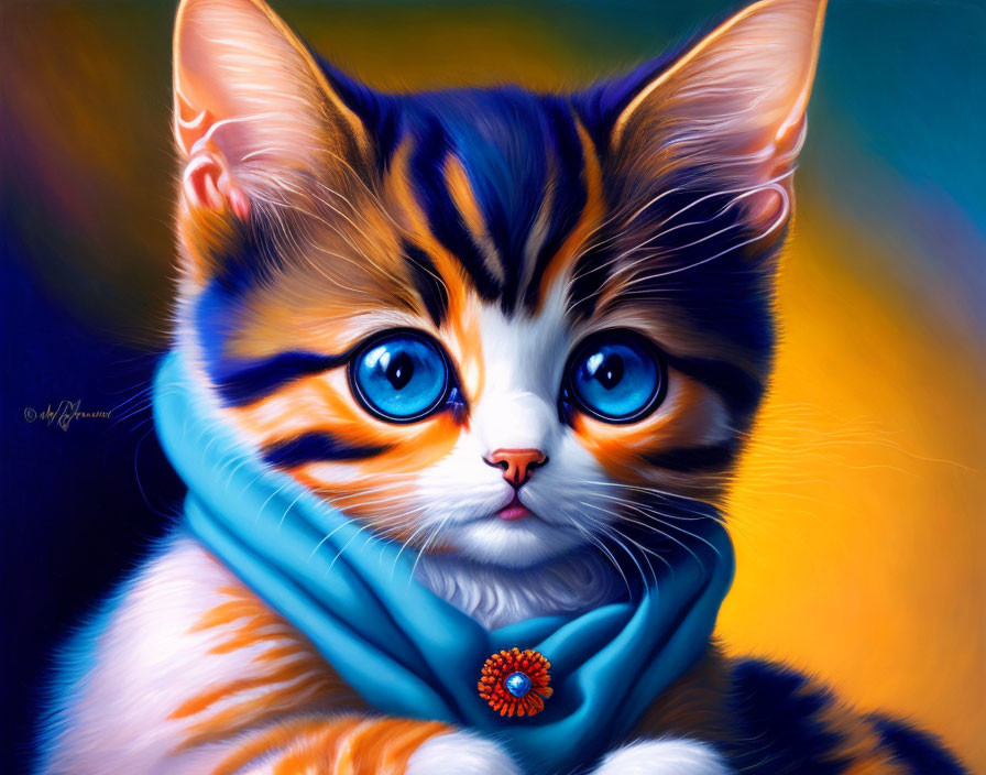Striped Kitten with Blue Eyes in Blue Scarf Illustration