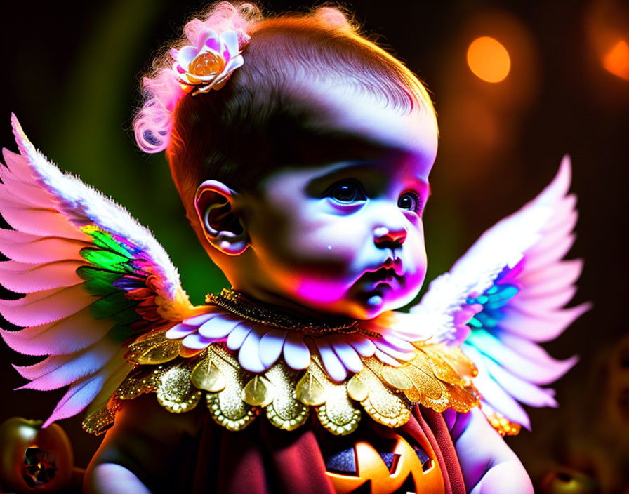 Baby in angel costume with wings and pumpkins in colorful setting