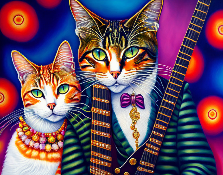 Vibrantly colored anthropomorphic cats with psychedelic background