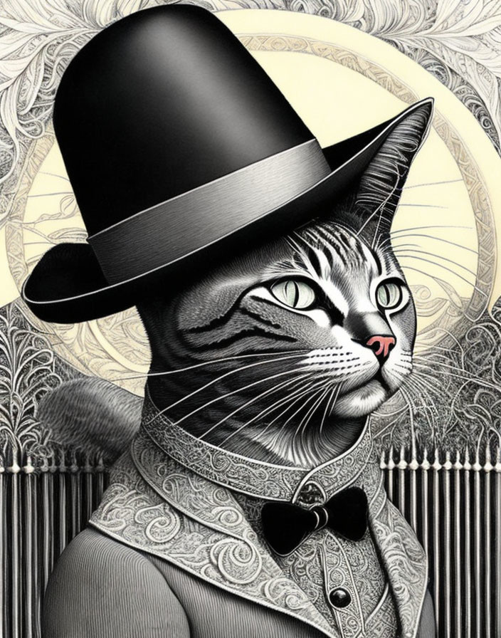 Illustrated cat in top hat and bowtie on ornate background