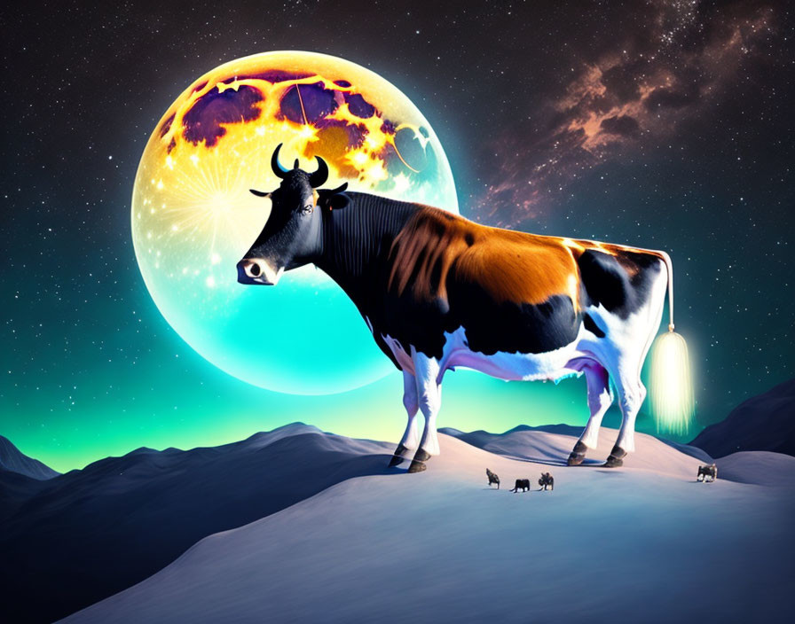 Colorful Cow on Moonlit Hill with Miniature Cows and Two Moons