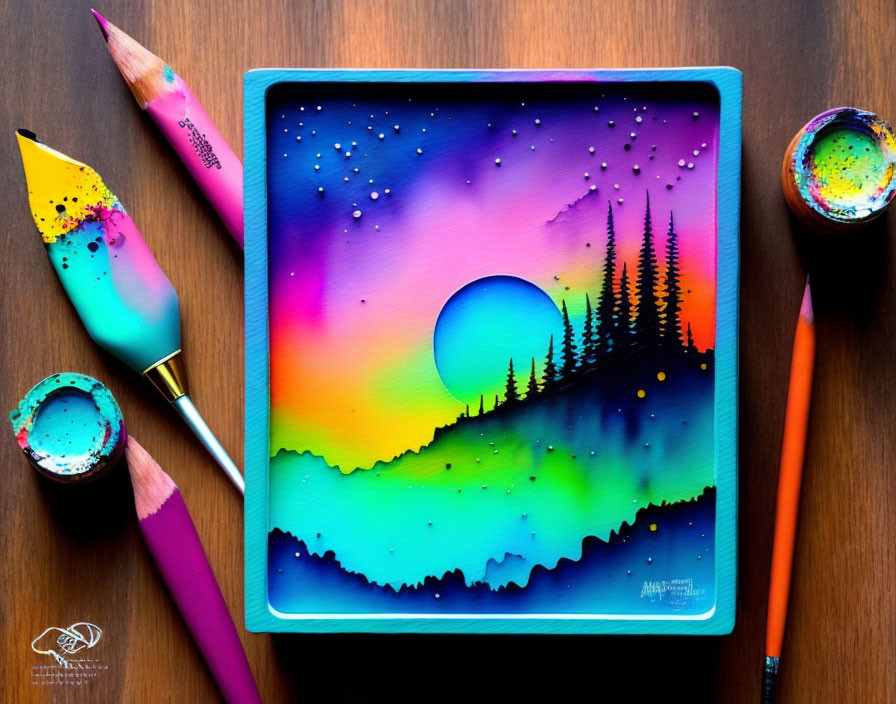 Colorful Gradient Sky Painting with Tree Silhouettes and Art Supplies