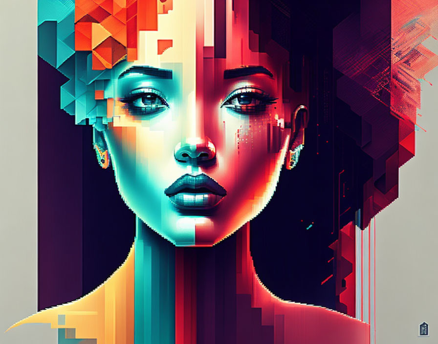 Geometric digital art portrait of a woman with vibrant color blocks