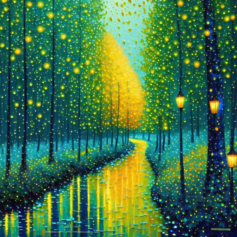 Magical forest path painting with glowing lanterns and golden leaves