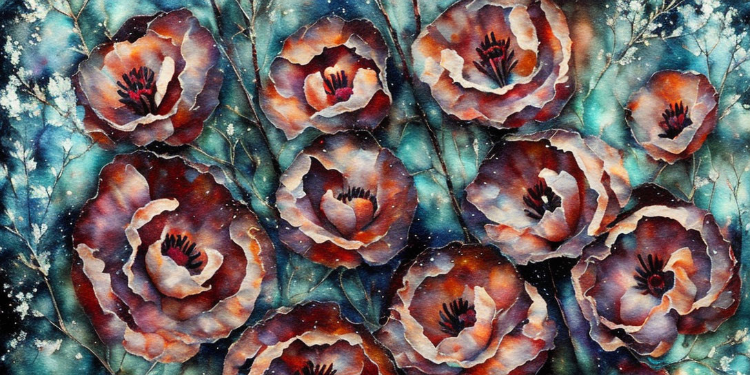 Vibrant red and brown poppies in watercolor against a dark blue background