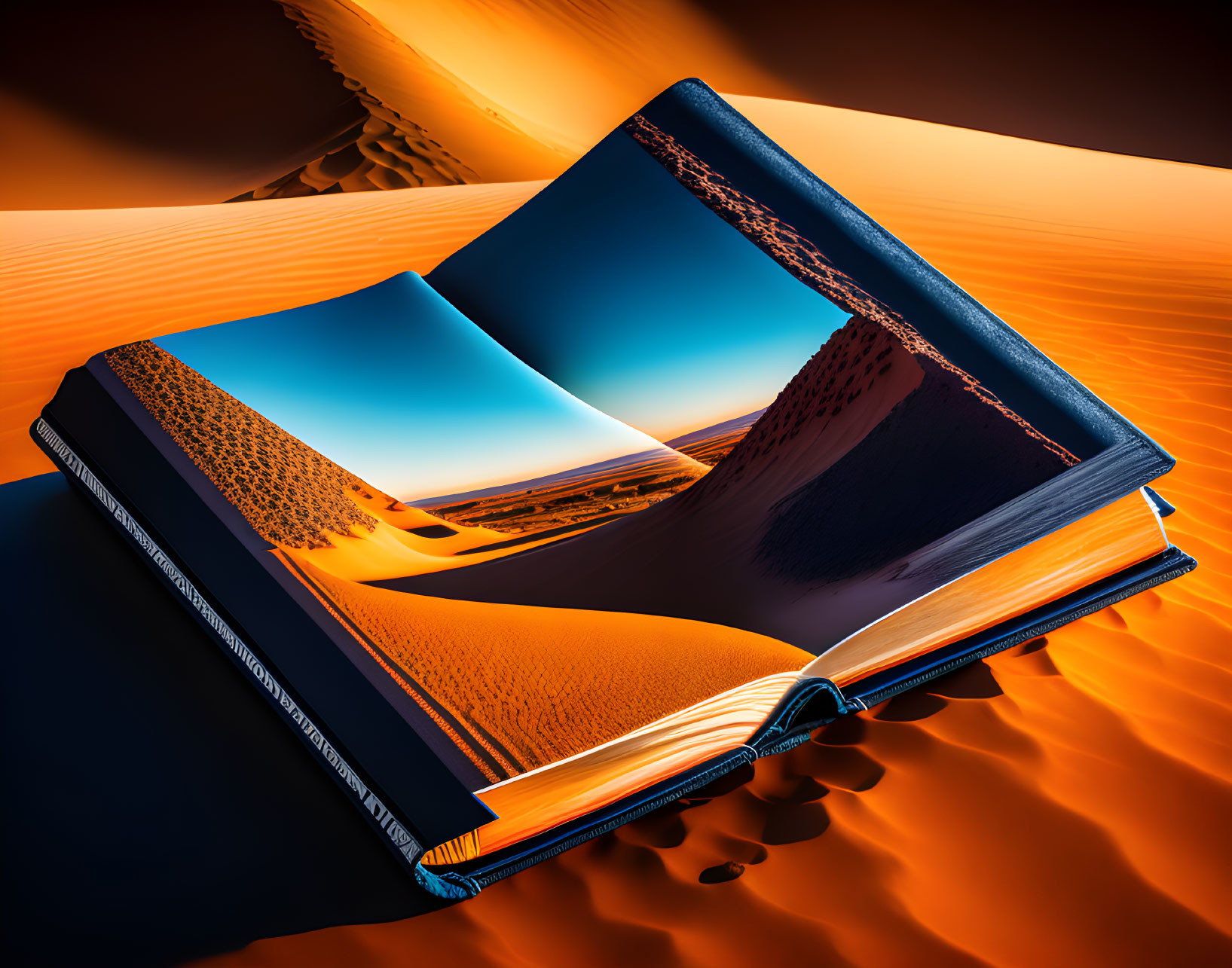 Surreal open book merging with desert landscape under orange and blue sky