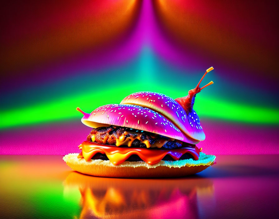 Colorful Snail with Hamburger Shell on Psychedelic Background