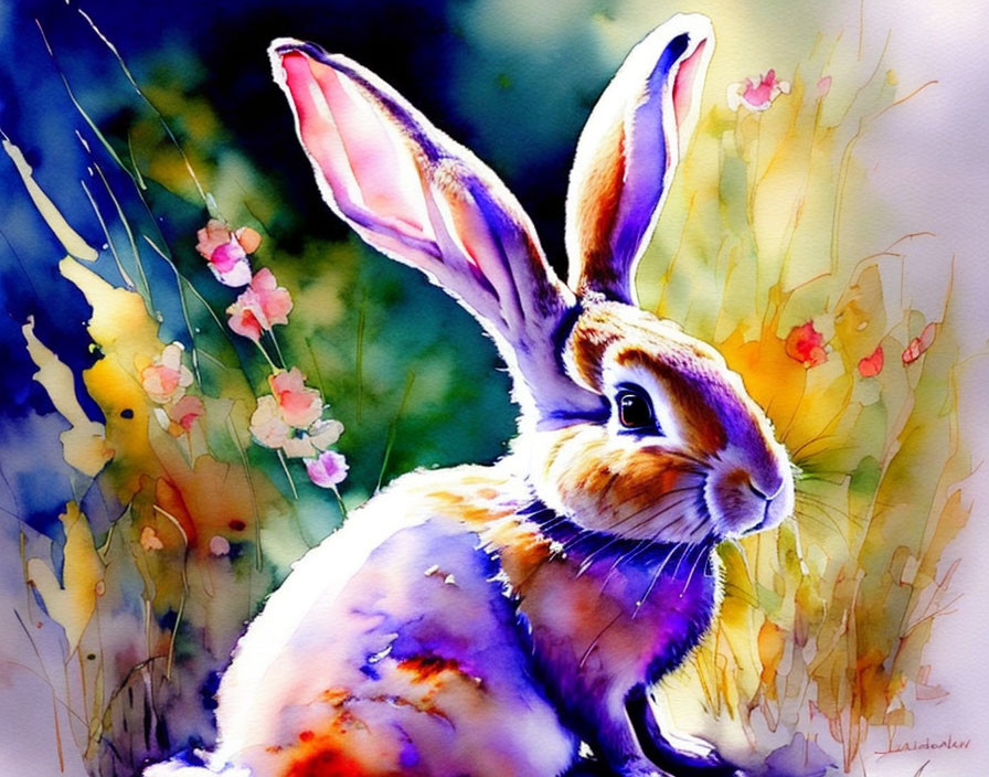 Colorful Watercolor Painting: Rabbit Among Flowers