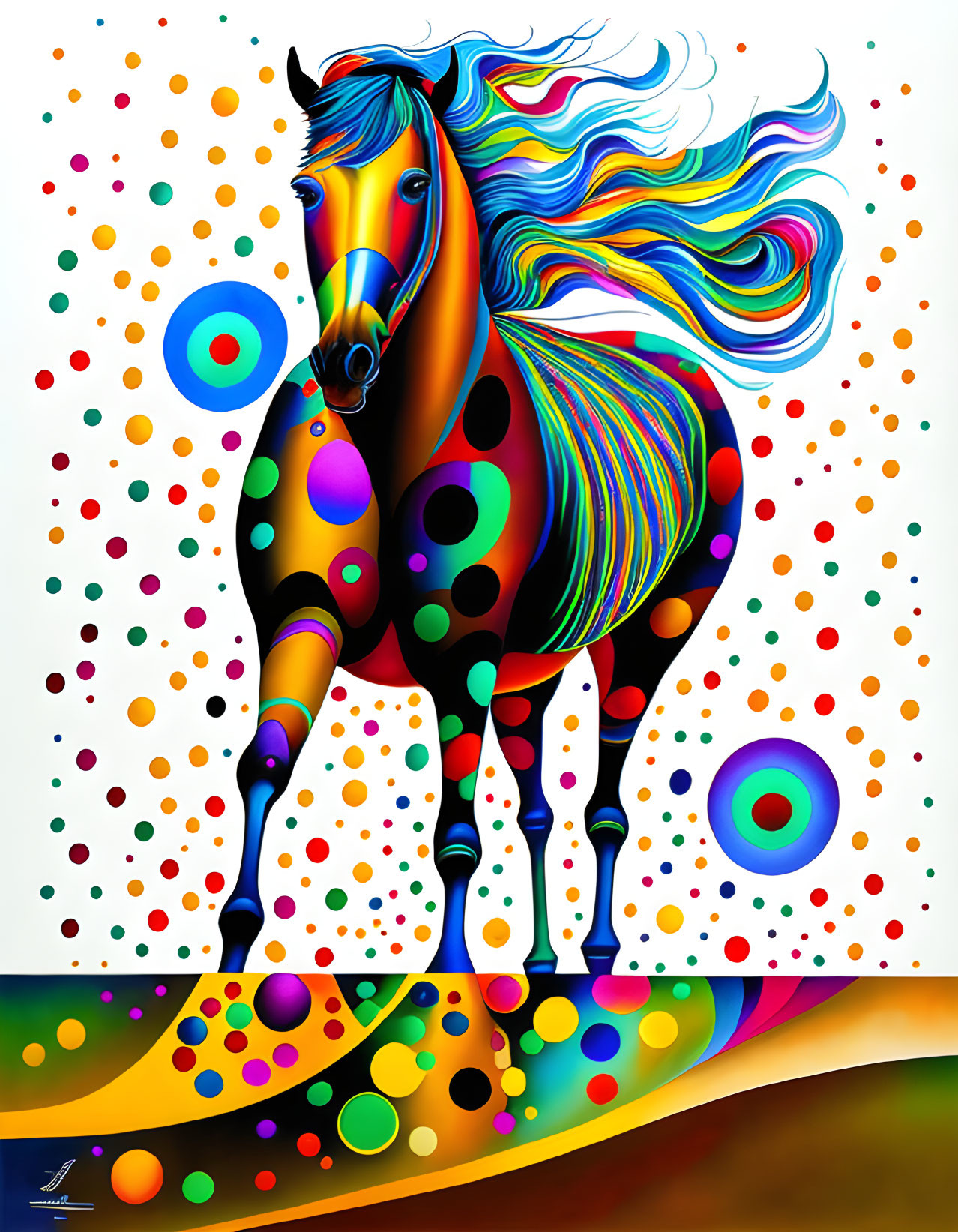 Colorful Stylized Horse Painting with Polka Dots and Swirls