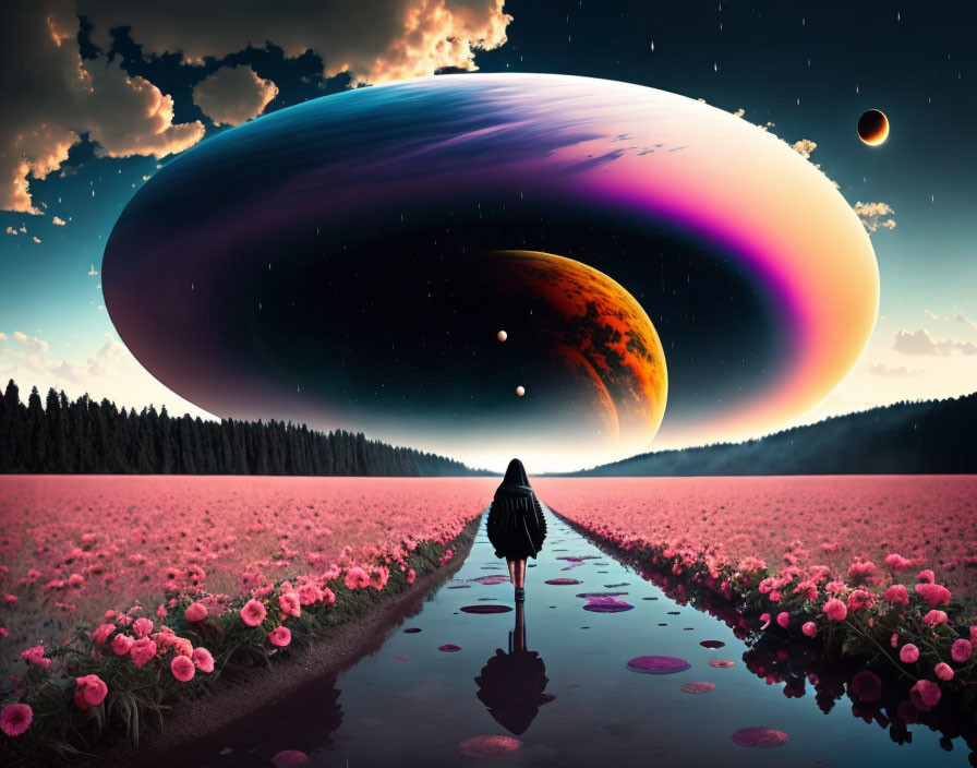 Person standing at water-lined path with giant planet in surreal sky