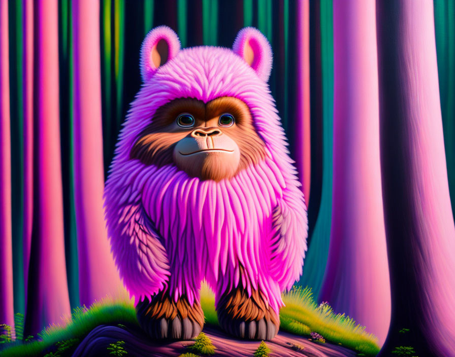 Pink-furred creature in purple forest with solemn expression