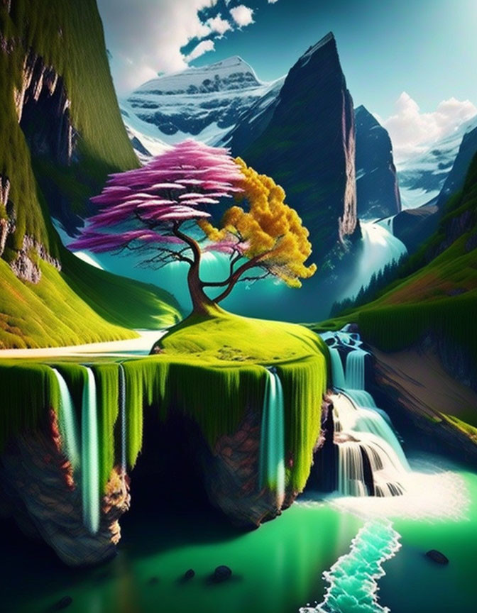 Fantasy landscape with two-toned tree, waterfalls, emerald pool, and snow-capped