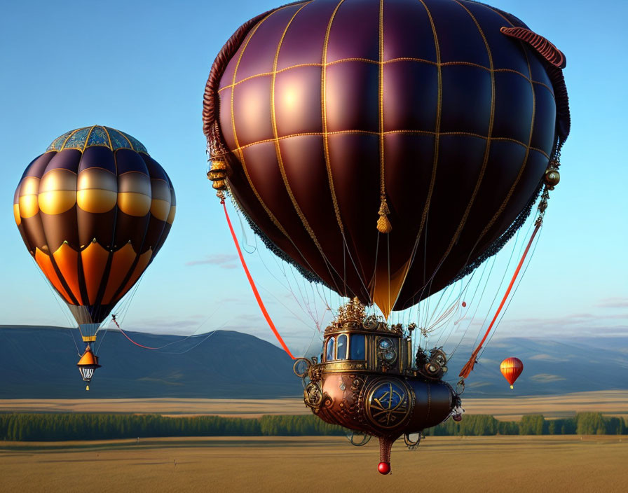 Fantasy hot air balloons with intricate gondolas in serene landscape