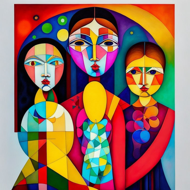 Abstract Cubist Painting: Three Female Figures with Geometrical Shapes