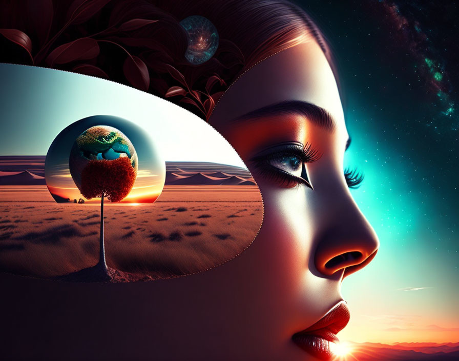 Surreal image: Woman's face merges with cosmic elements and encapsulated landscape in eye