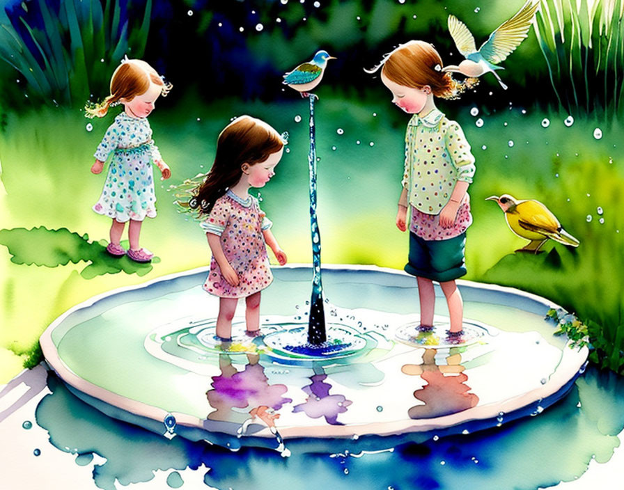 Vibrant garden scene: animated girls by water fountain with colorful birds