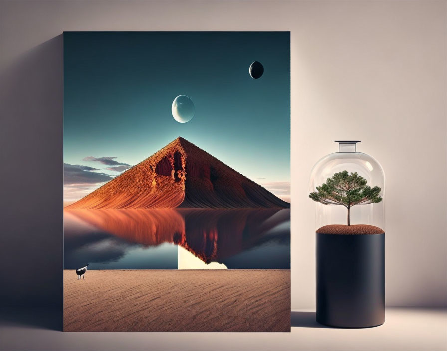 Surreal artwork: pyramid sand dune, dual moons, tree in glass jar