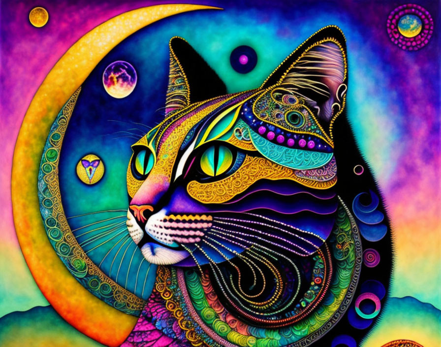 Vibrant psychedelic cat with celestial bodies pattern illustration