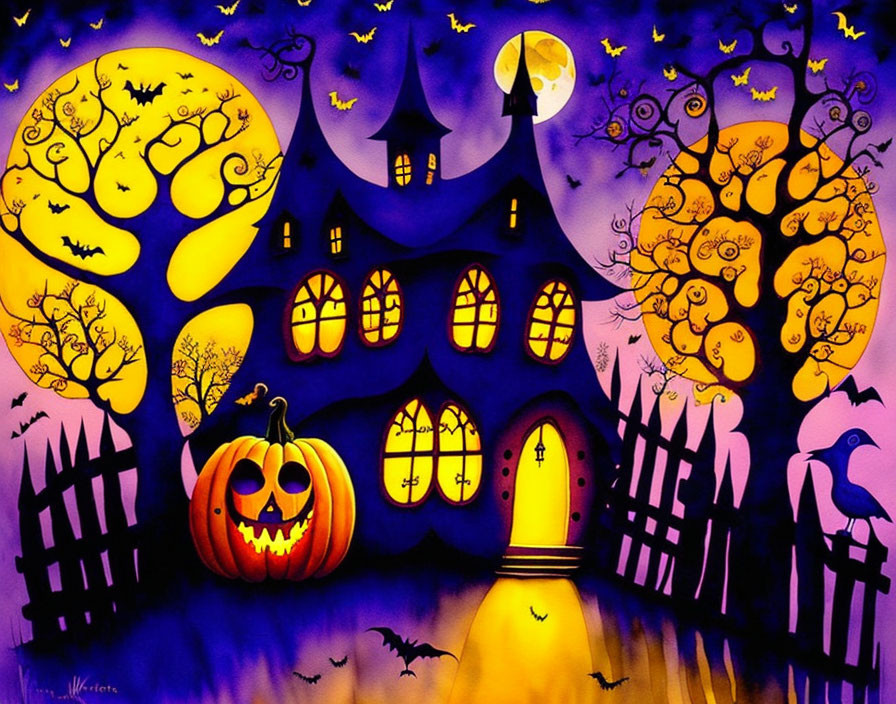 Vibrant Halloween-themed illustration with spooky house, jack-o'-lantern, full moons, bats