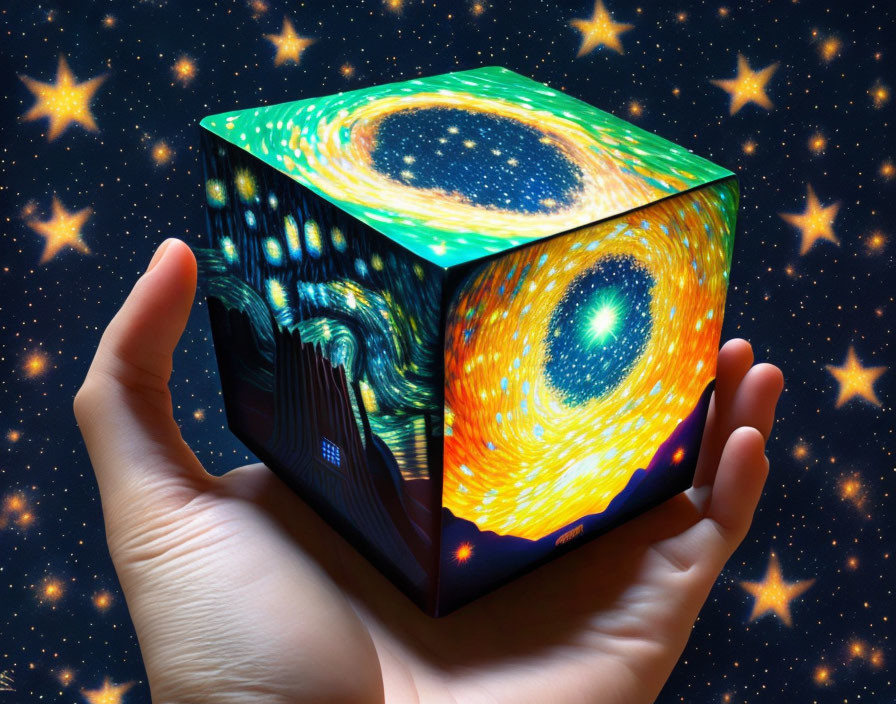 Cosmic cube held by hands against starry backdrop