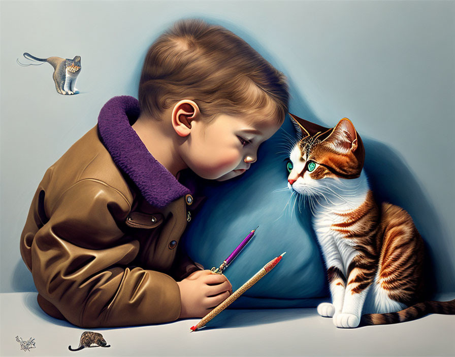 Child drawing with colored pencils next to calico cat and mouse