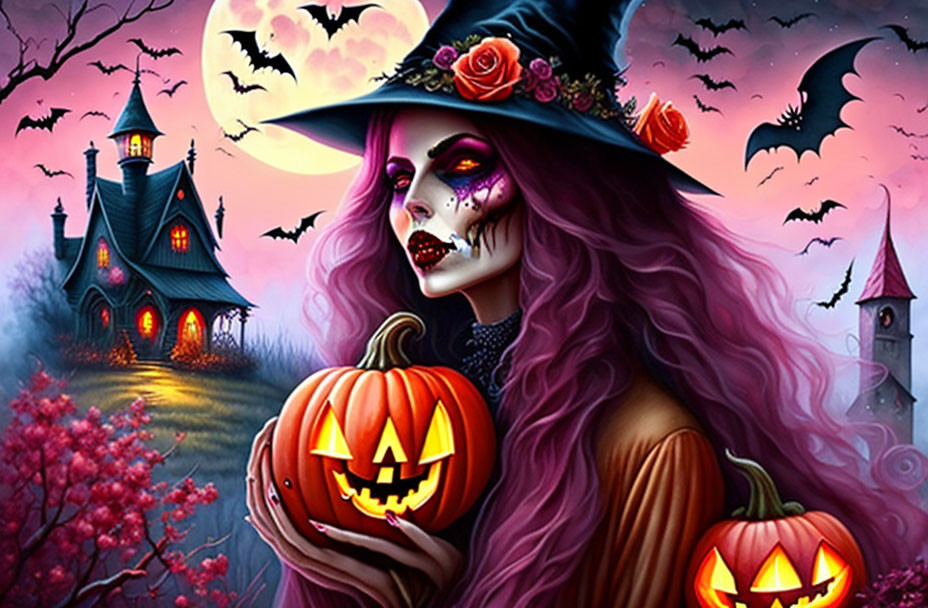 Purple-haired witch holding a jack-o'-lantern in spooky castle scene