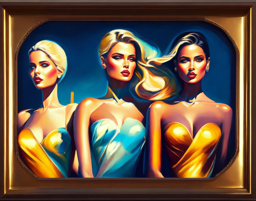 Vibrant Stylized Women Portraits in Ornate Golden Frame