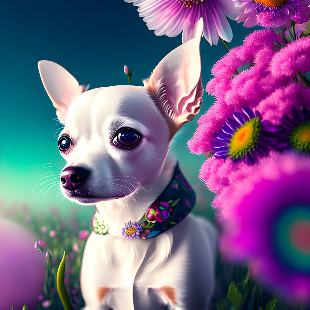 Stylized Chihuahua portrait with expressive eyes in floral setting