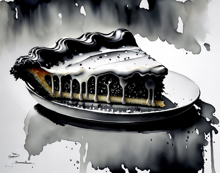 Monochrome pie slice with glossy topping on plate, paint splatter effects