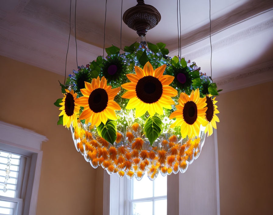 Sunflower and Greenery Adorned Chandelier in Pastel Room