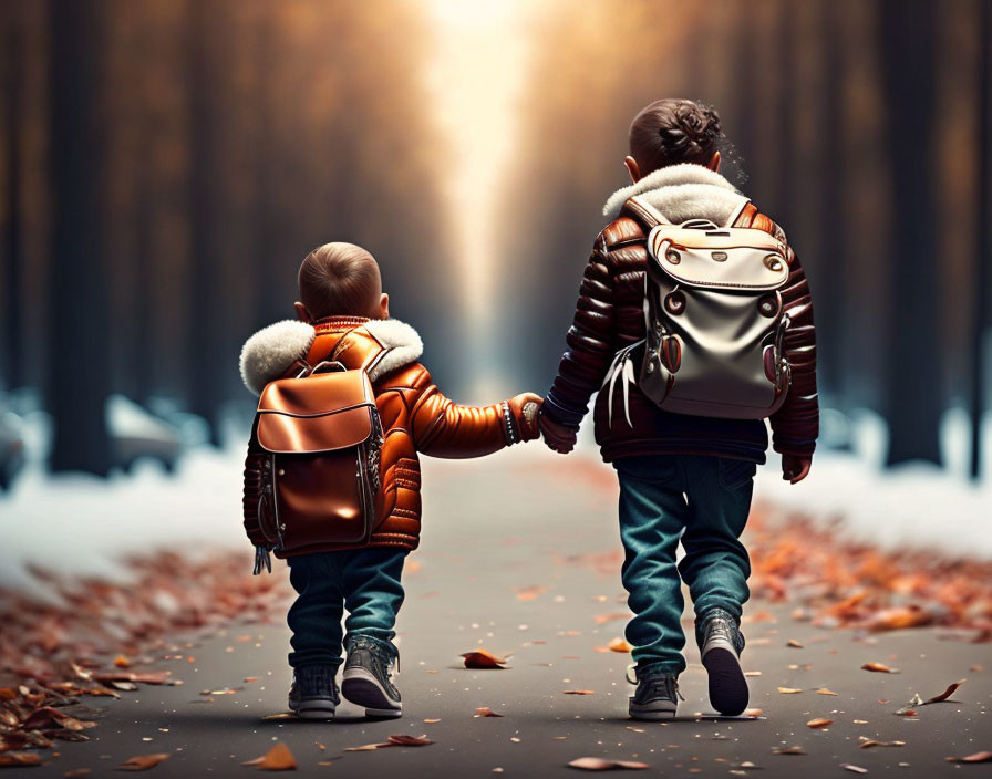 Children walking on leaf-strewn path at sunset