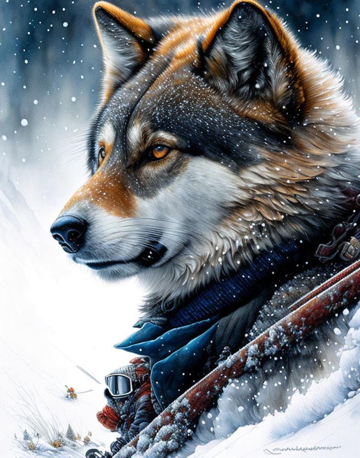 Detailed illustration: Wolf in human-like attire in snowy setting with blue scarf and sled