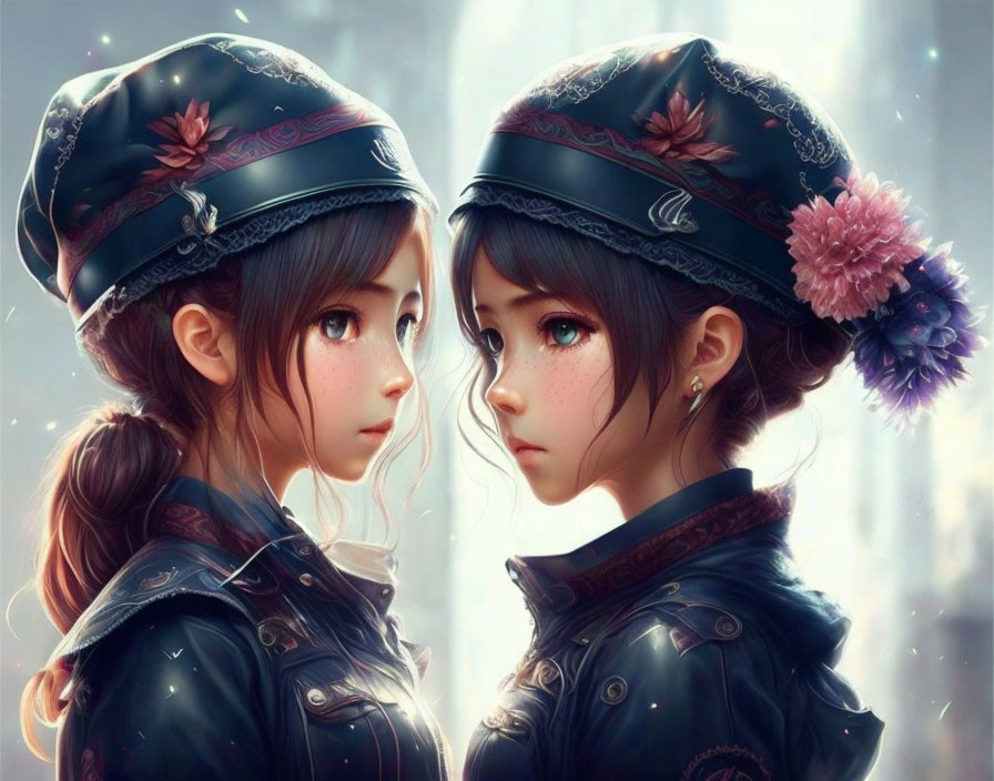 Two girls with expressive eyes in embellished military-style hats against blurred background