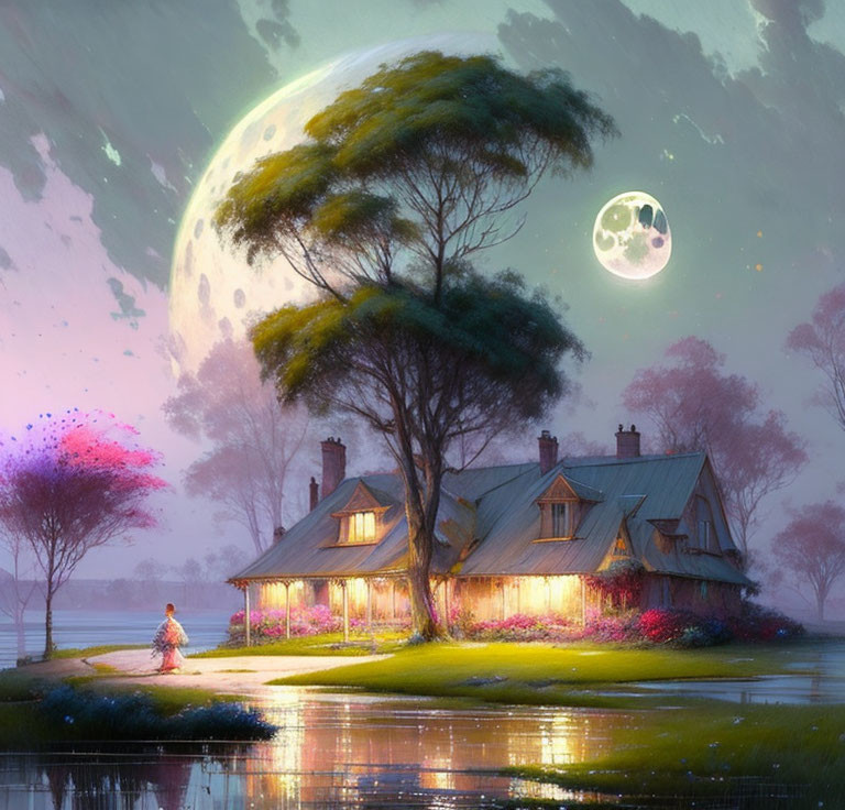 Cozy cottage by lake under huge moon with solitary figure and ethereal lights