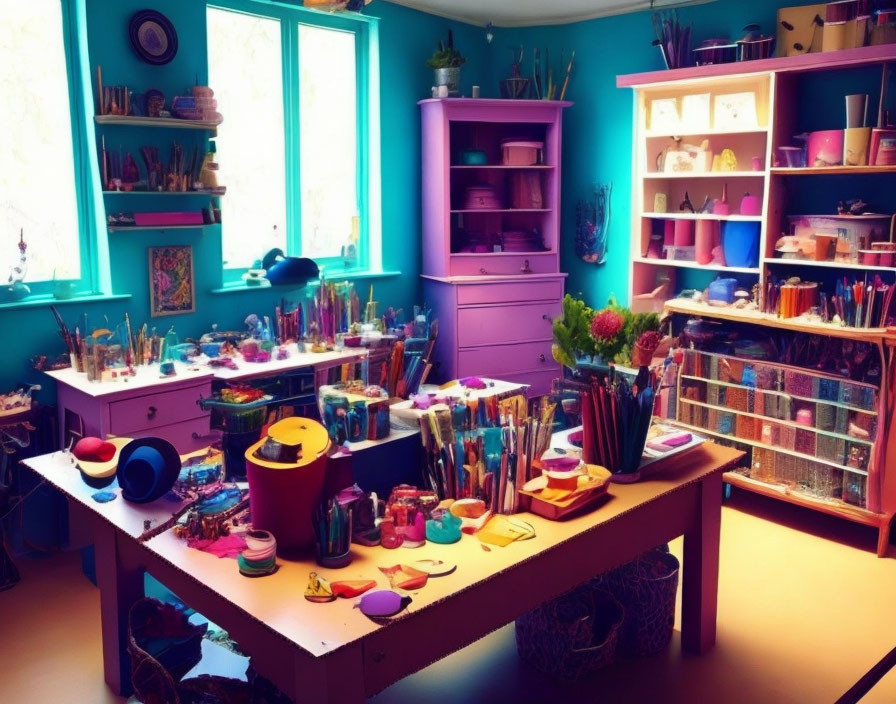 Colorful Art Room with Purple Desk & Supplies