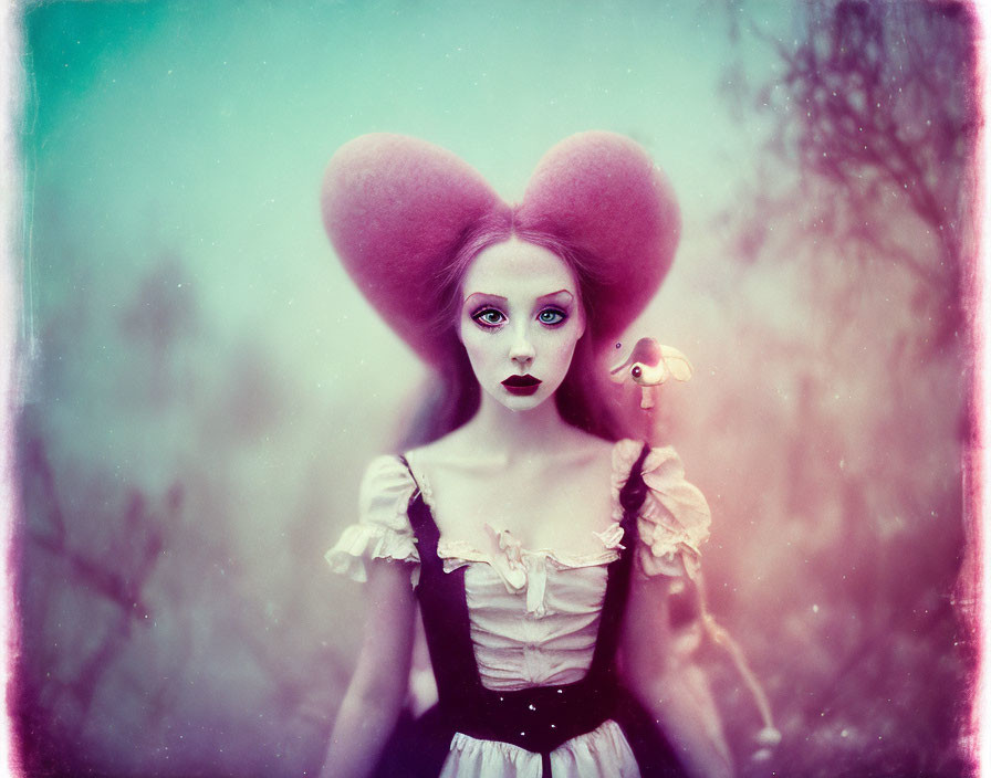 Surreal portrait: Woman with heart-shaped hair, pale skin, large eyes, whimsical creature