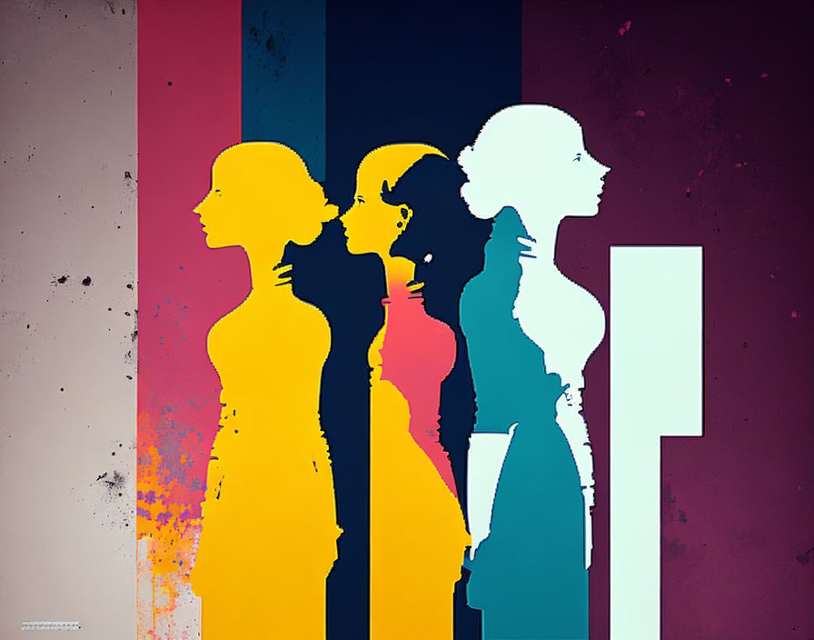 Four women silhouettes in profile with varied colored backgrounds in pop art style