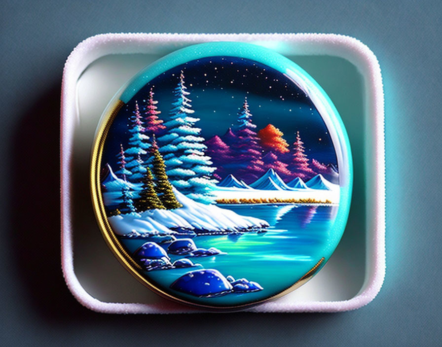 Wintry night scene with snow-covered trees, river, stars, and mountains in oval border.