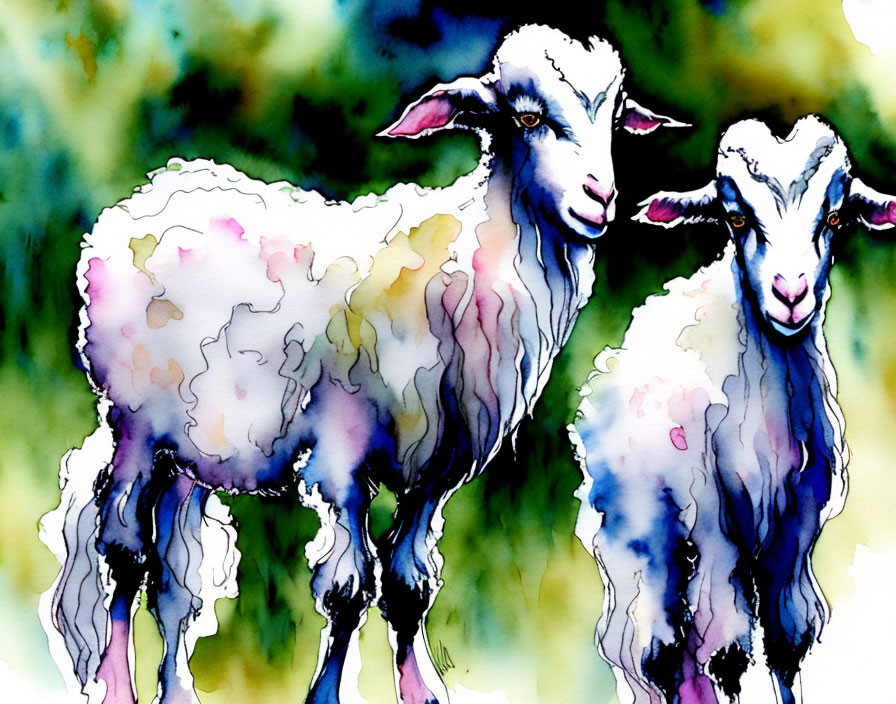 Fluffy sheep watercolor painting with colorful wool on vibrant background