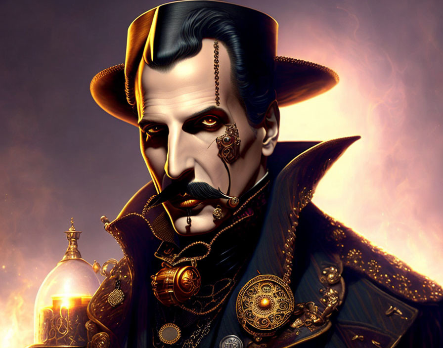 Steampunk-themed digital art of male figure with stylized mustache