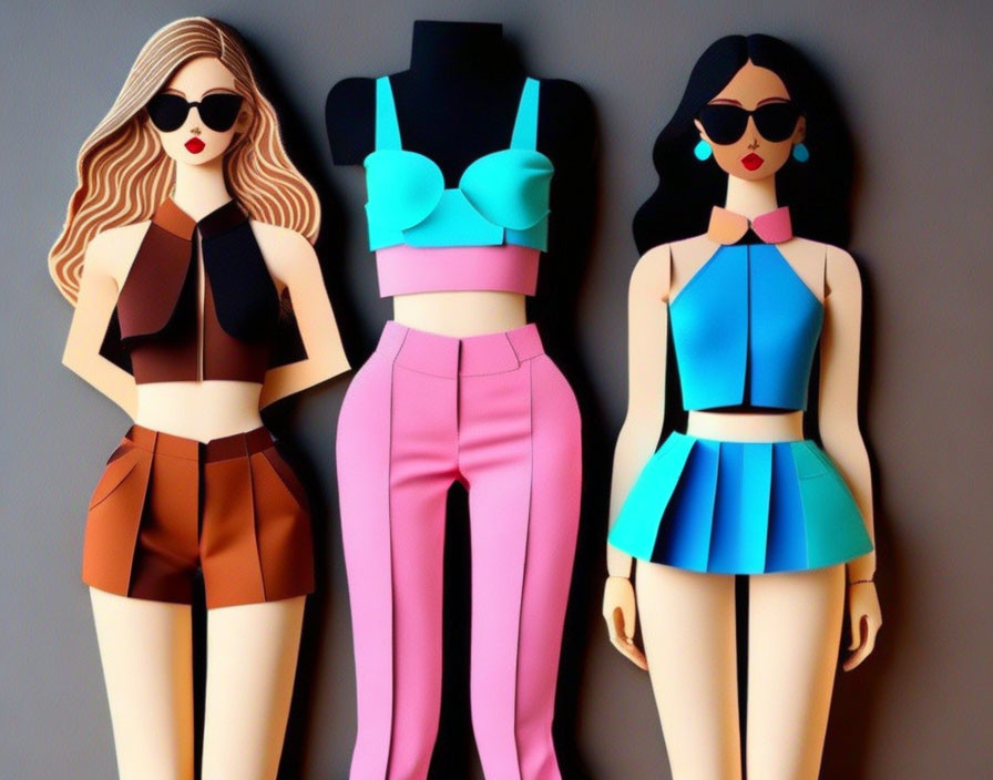 Stylized paper cutout figures in trendy clothing with vibrant colors