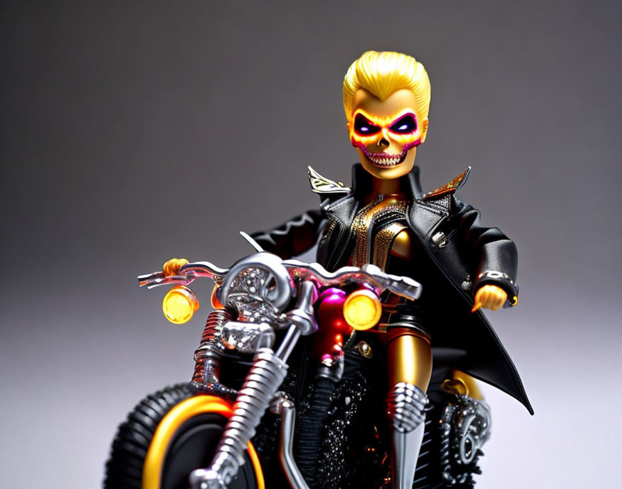 Stylized flaming skull character on motorcycle figurine with illuminated details