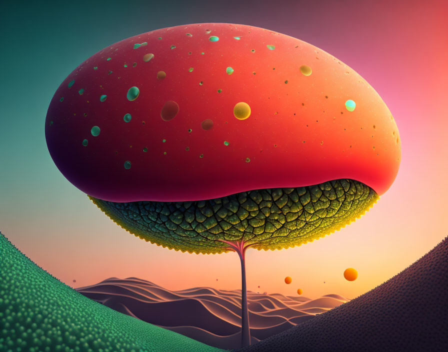 Surreal landscape with large red burger-like structure on slender stalk