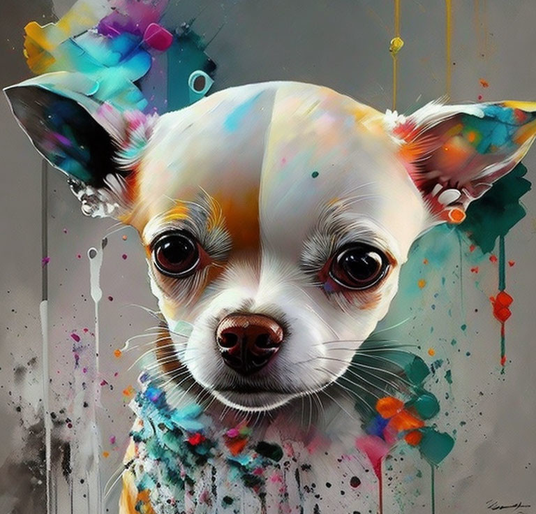 Colorful Stylized Chihuahua Portrait with Paint Splashes and Expressive Eyes