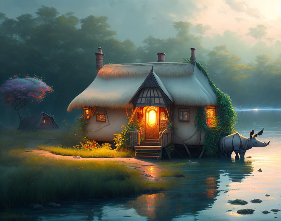 Rhinoceros by serene river at dusk with thatched cottage and glowing windows