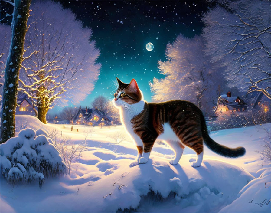 Cat overlooking snowy hill and cozy village at night