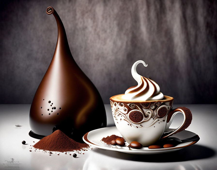 Stylized cup of coffee with creamy foam and coffee beans on saucer